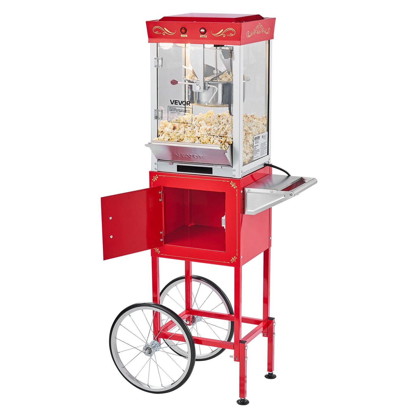 Popcorn Machine with Cart, 8oz Stainless Steel Kettle, 800W Commercial Popcorn Maker, 48 Cups per Batch Theater Style Popper, with 2-Button Control Glass Wall PC Door 1 Scoop 3 Spoons, Red