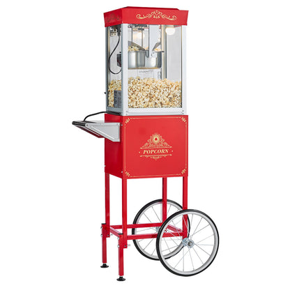 Popcorn Machine with Cart, 8oz Stainless Steel Kettle, 800W Commercial Popcorn Maker, 48 Cups per Batch Theater Style Popper, with 2-Button Control Glass Wall PC Door 1 Scoop 3 Spoons, Red