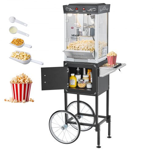 Popcorn Machine with Cart, 8oz Stainless Steel Kettle, 800W Commercial Popcorn Maker, 48 Cups per Batch Theater Style Popper, with 2-Button Control Glass Wall PC Door 1 Scoop 3 Spoons, Black