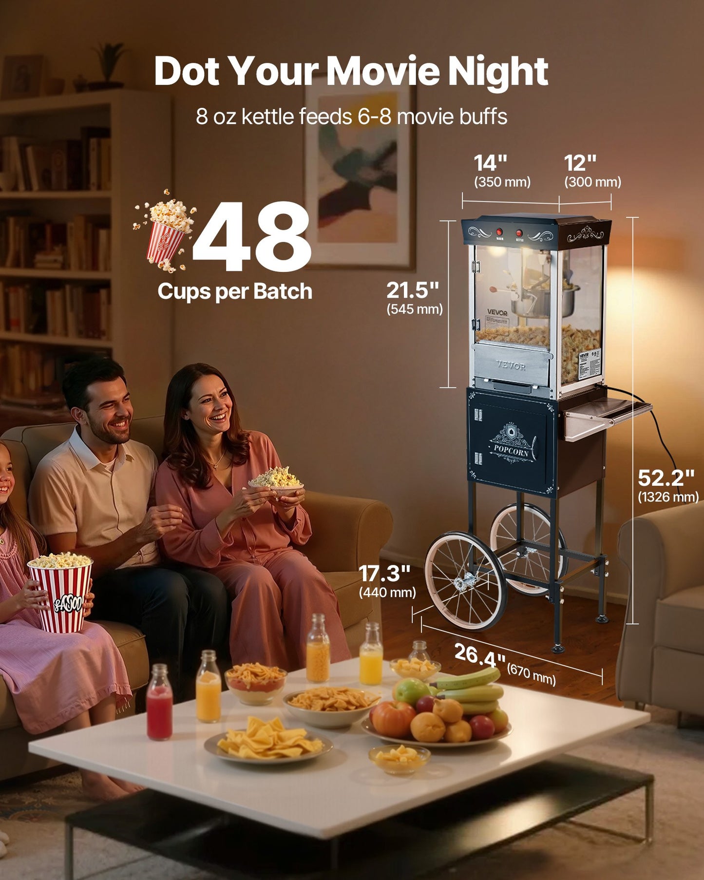 Popcorn Machine with Cart, 8oz Stainless Steel Kettle, 800W Commercial Popcorn Maker, 48 Cups per Batch Theater Style Popper, with 2-Button Control Glass Wall PC Door 1 Scoop 3 Spoons, Black