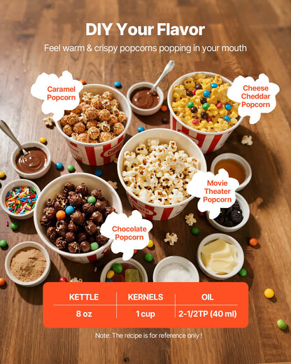 Popcorn Machine with Cart, 8oz Stainless Steel Kettle, 800W Commercial Popcorn Maker, 48 Cups per Batch Theater Style Popper, with 2-Button Control Glass Wall PC Door 1 Scoop 3 Spoons, Black