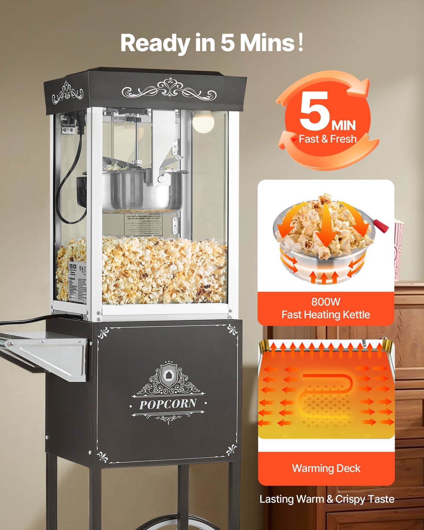 Popcorn Machine with Cart, 8oz Stainless Steel Kettle, 800W Commercial Popcorn Maker, 48 Cups per Batch Theater Style Popper, with 2-Button Control Glass Wall PC Door 1 Scoop 3 Spoons, Black