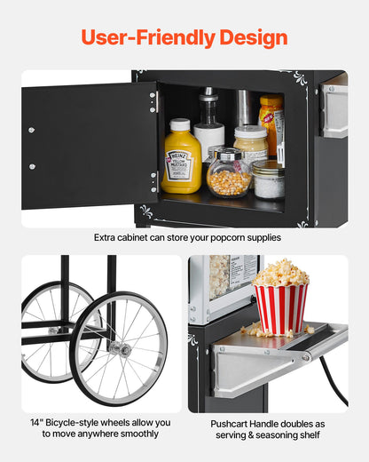 Popcorn Machine with Cart, 8oz Stainless Steel Kettle, 800W Commercial Popcorn Maker, 48 Cups per Batch Theater Style Popper, with 2-Button Control Glass Wall PC Door 1 Scoop 3 Spoons, Black