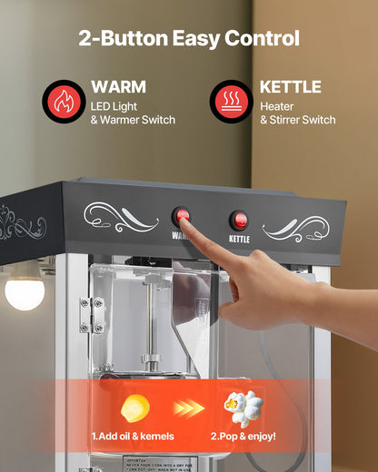 Popcorn Machine with Cart, 8oz Stainless Steel Kettle, 800W Commercial Popcorn Maker, 48 Cups per Batch Theater Style Popper, with 2-Button Control Glass Wall PC Door 1 Scoop 3 Spoons, Black