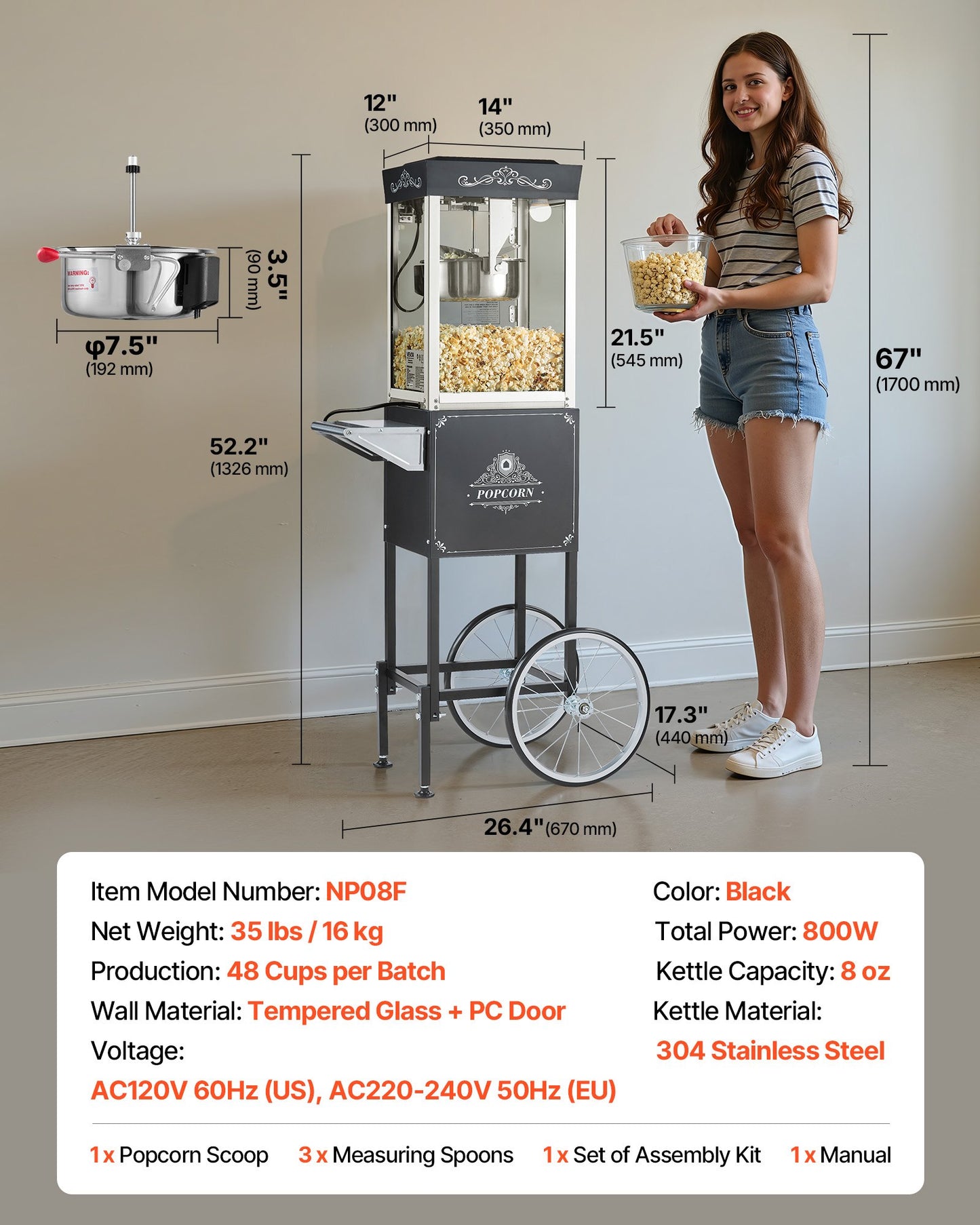 Popcorn Machine with Cart, 8oz Stainless Steel Kettle, 800W Commercial Popcorn Maker, 48 Cups per Batch Theater Style Popper, with 2-Button Control Glass Wall PC Door 1 Scoop 3 Spoons, Black
