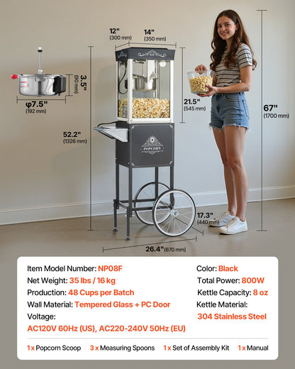 Popcorn Machine with Cart, 8oz Stainless Steel Kettle, 800W Commercial Popcorn Maker, 48 Cups per Batch Theater Style Popper, with 2-Button Control Glass Wall PC Door 1 Scoop 3 Spoons, Black
