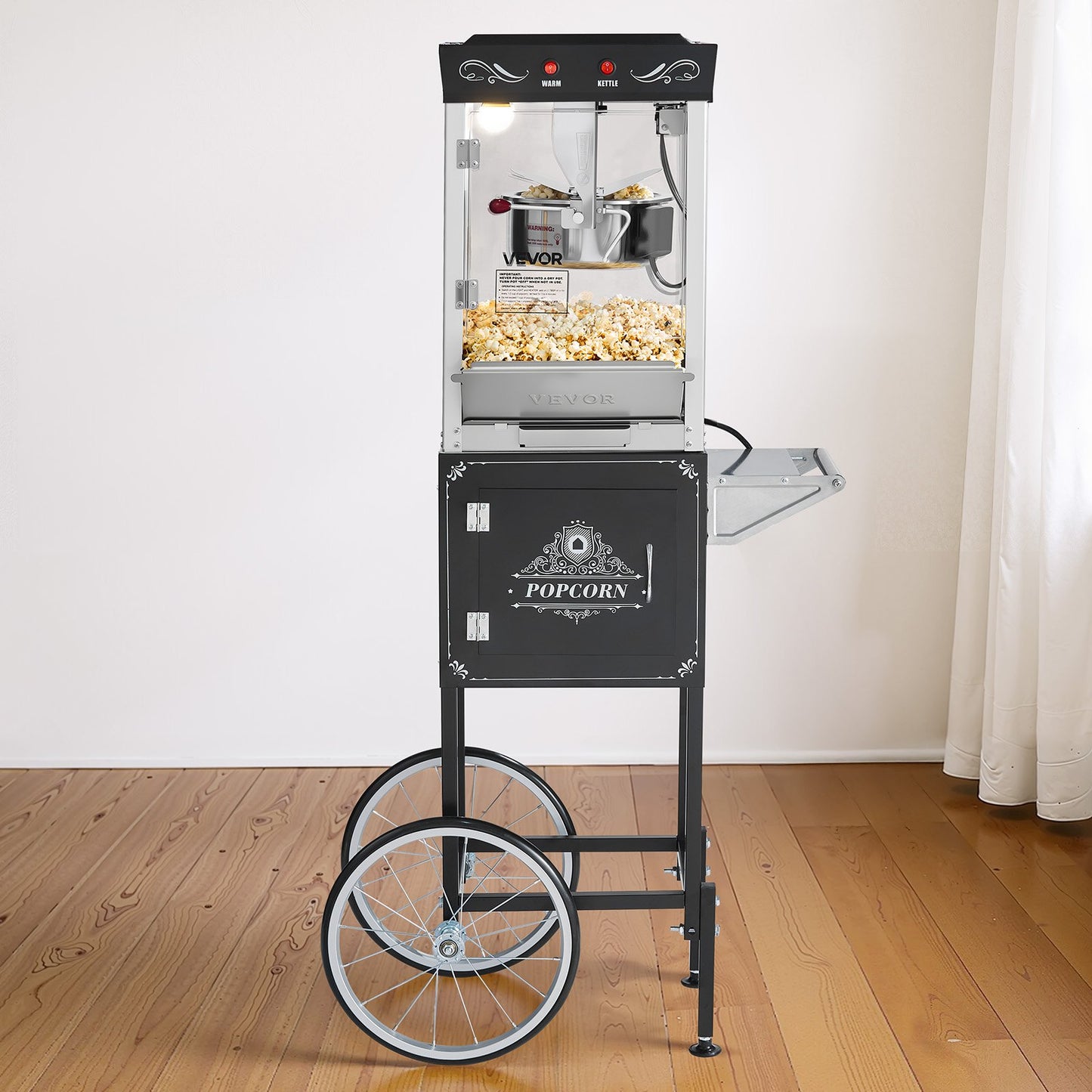 Popcorn Machine with Cart, 8oz Stainless Steel Kettle, 800W Commercial Popcorn Maker, 48 Cups per Batch Theater Style Popper, with 2-Button Control Glass Wall PC Door 1 Scoop 3 Spoons, Black