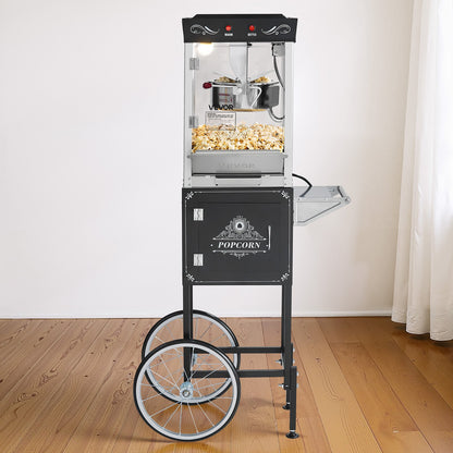 Popcorn Machine with Cart, 8oz Stainless Steel Kettle, 800W Commercial Popcorn Maker, 48 Cups per Batch Theater Style Popper, with 2-Button Control Glass Wall PC Door 1 Scoop 3 Spoons, Black