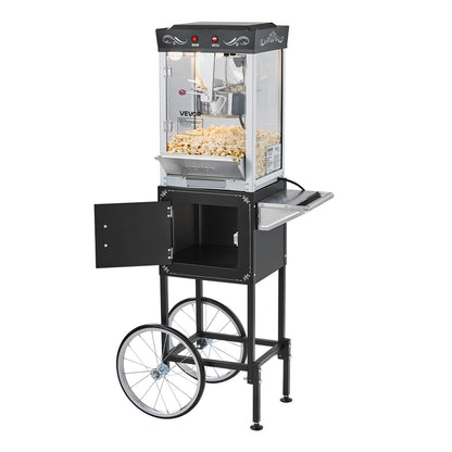 Popcorn Machine with Cart, 8oz Stainless Steel Kettle, 800W Commercial Popcorn Maker, 48 Cups per Batch Theater Style Popper, with 2-Button Control Glass Wall PC Door 1 Scoop 3 Spoons, Black