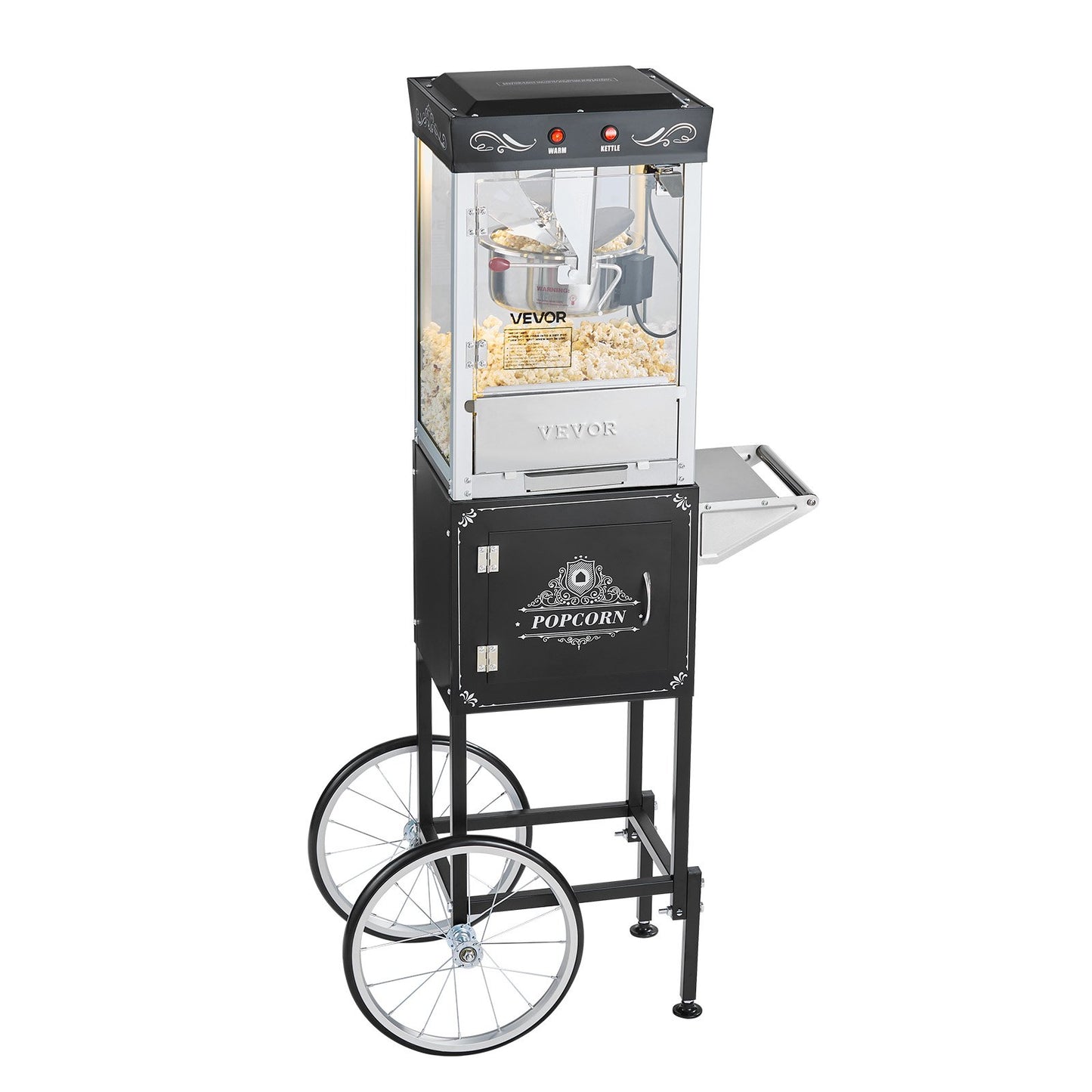 Popcorn Machine with Cart, 8oz Stainless Steel Kettle, 800W Commercial Popcorn Maker, 48 Cups per Batch Theater Style Popper, with 2-Button Control Glass Wall PC Door 1 Scoop 3 Spoons, Black