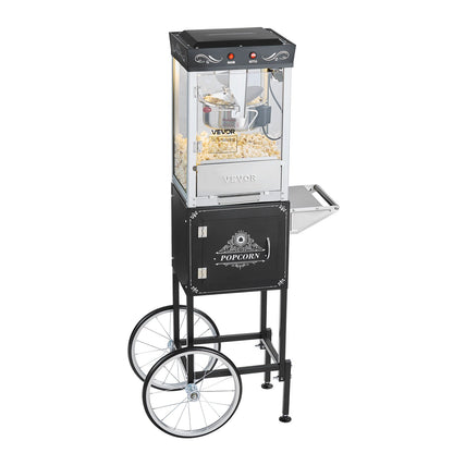Popcorn Machine with Cart, 8oz Stainless Steel Kettle, 800W Commercial Popcorn Maker, 48 Cups per Batch Theater Style Popper, with 2-Button Control Glass Wall PC Door 1 Scoop 3 Spoons, Black