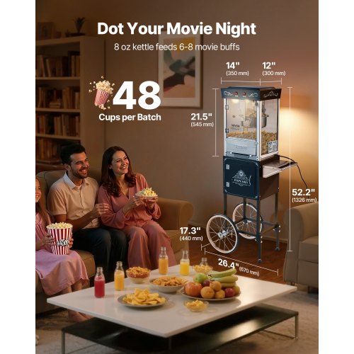Popcornmaskin med vagn Popcorn Popper Maker 800W 0,2kg Vattenkokare Svart |  EU