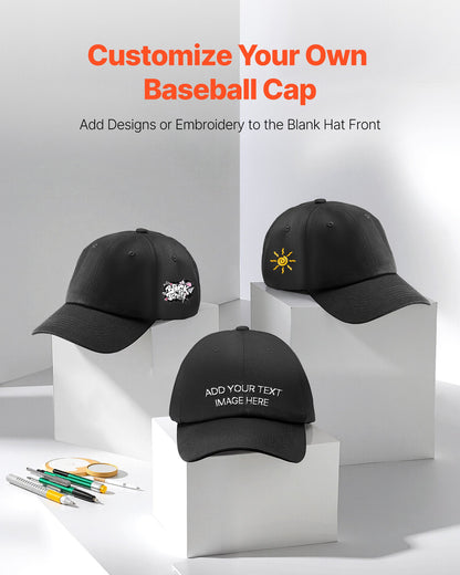 Baseball Cap, Plain Baseball Hat with Breathable Pure Cotton Fabric, Adjustable Size, Blank 12 Pack Bulk Caps Ideal for Running, Workouts or Outdoor Activities, 12 Pcs, Black