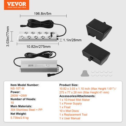 10 Head Ultrasonic Mist Maker 7000mL/H Ultrasonic Fogger IP67 Vattentät