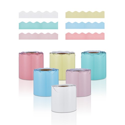 Bulletin Board Borders, 6 Rolls 32.8 Feet Scalloped Bulletin Board Borders, Boho Rolled Border Trim with Wavy Line Design, Colorful Pastel Borders for School Classroom Party & Wall Decoration