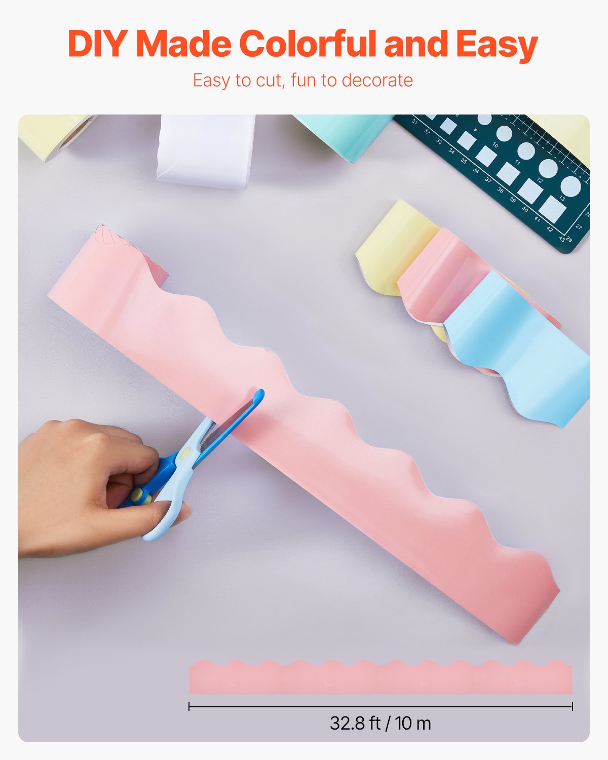 Bulletin Board Borders, 6 Rolls 32.8 Feet Scalloped Bulletin Board Borders, Boho Rolled Border Trim with Wavy Line Design, Colorful Pastel Borders for School Classroom Party & Wall Decoration