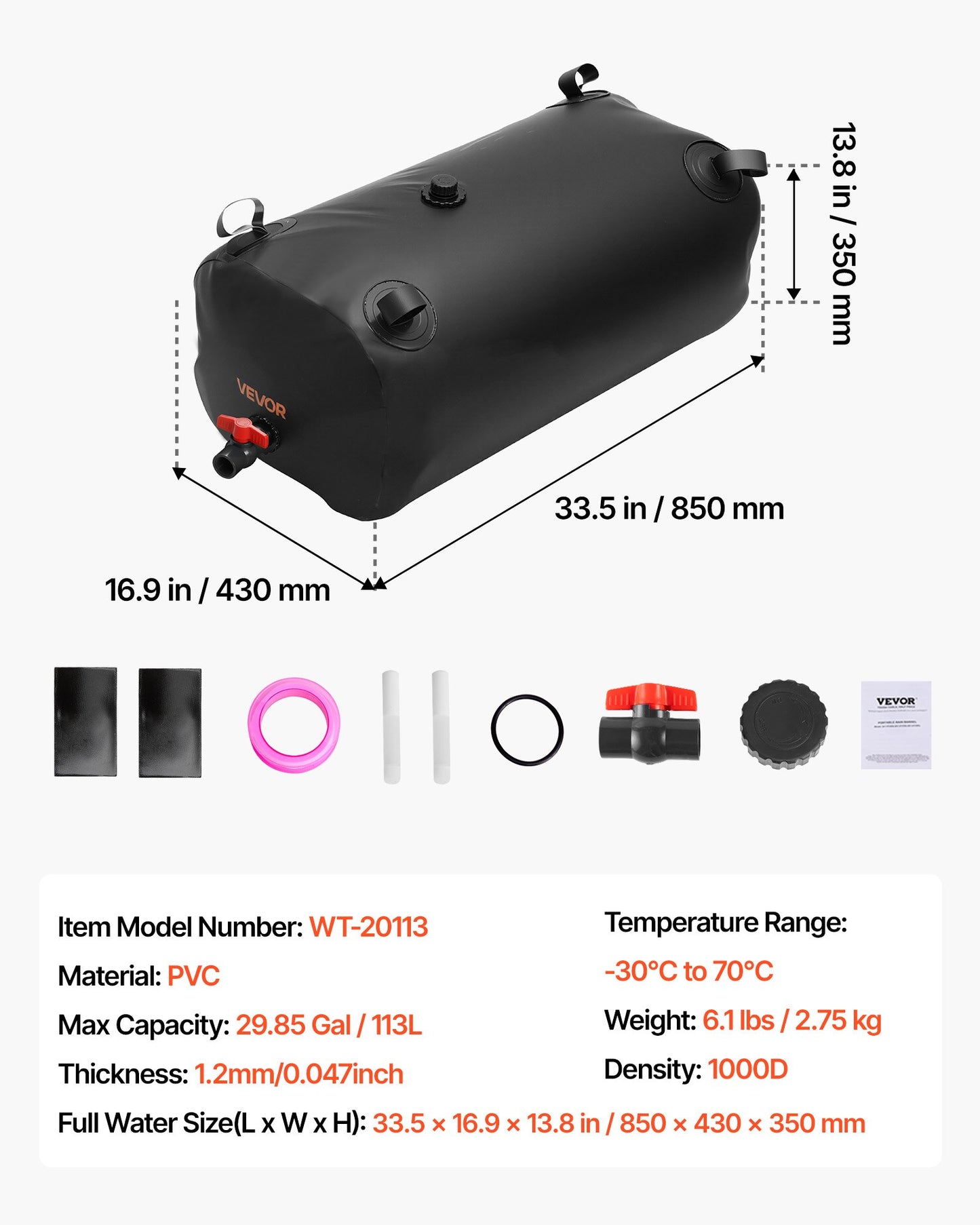 Water Storage Bladder, 29.85 Gallon (113L) Water Storage Container Tank, 1000D PVC Thickened Soft Bag Bladder, Collapsible Portable for Garden Irrigation, Camping, RVs, Emergency Use - Black