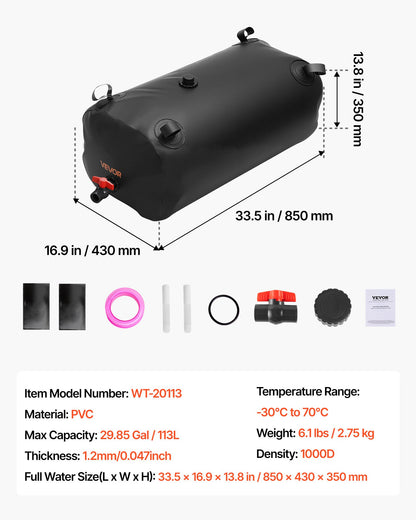 Water Storage Bladder, 29.85 Gallon (113L) Water Storage Container Tank, 1000D PVC Thickened Soft Bag Bladder, Collapsible Portable for Garden Irrigation, Camping, RVs, Emergency Use - Black