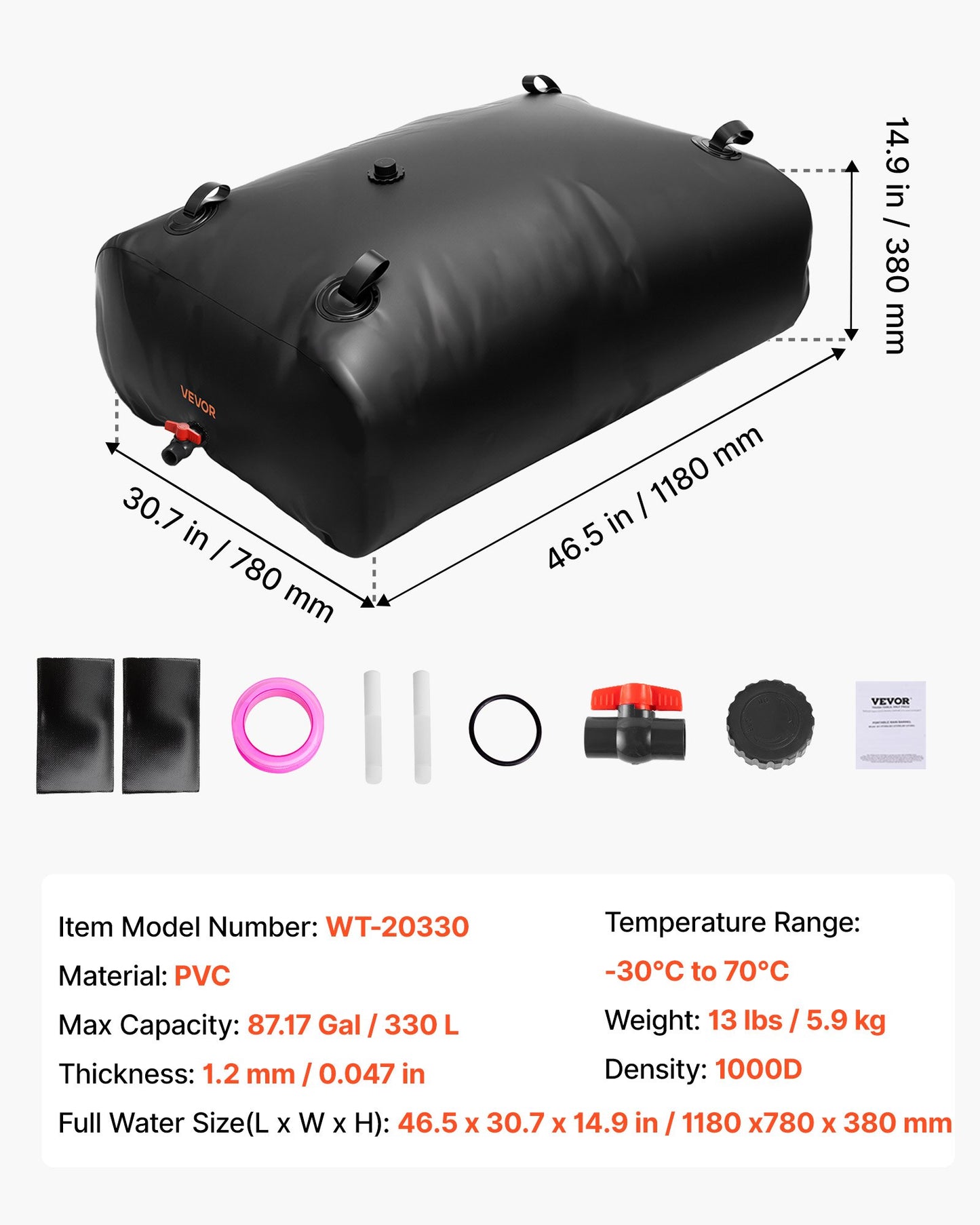 Water Storage Bladder, 87 Gallon (330L) Water Storage Container Tank, 1000D PVC Large Capacity Soft Bag Bladder, Collapsible Portable for Garden Irrigation, Camping, RVs, Emergency Use - Black