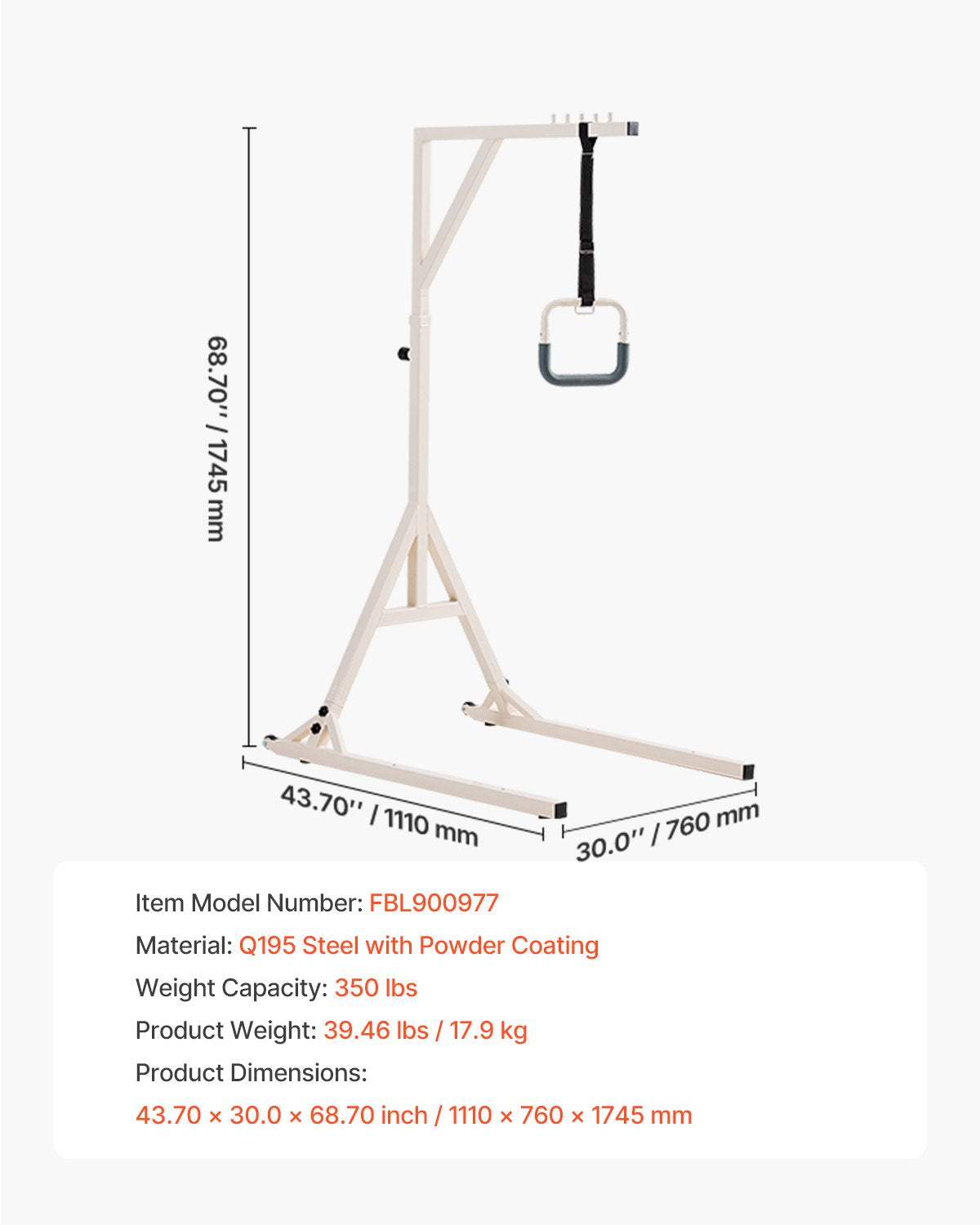Trapeze Bar for Bed Mobility, Height-Adjustable Bed Trapeze with 2 Casters, 350LBS Weight Capacity Heavy Duty Pull Up Trapeze Bar with Floor Stand for Elderly, Disabled, Bedridden Patients