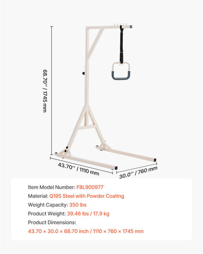 Trapeze Bar for Bed Mobility, Height-Adjustable Bed Trapeze with 2 Casters, 350LBS Weight Capacity Heavy Duty Pull Up Trapeze Bar with Floor Stand for Elderly, Disabled, Bedridden Patients
