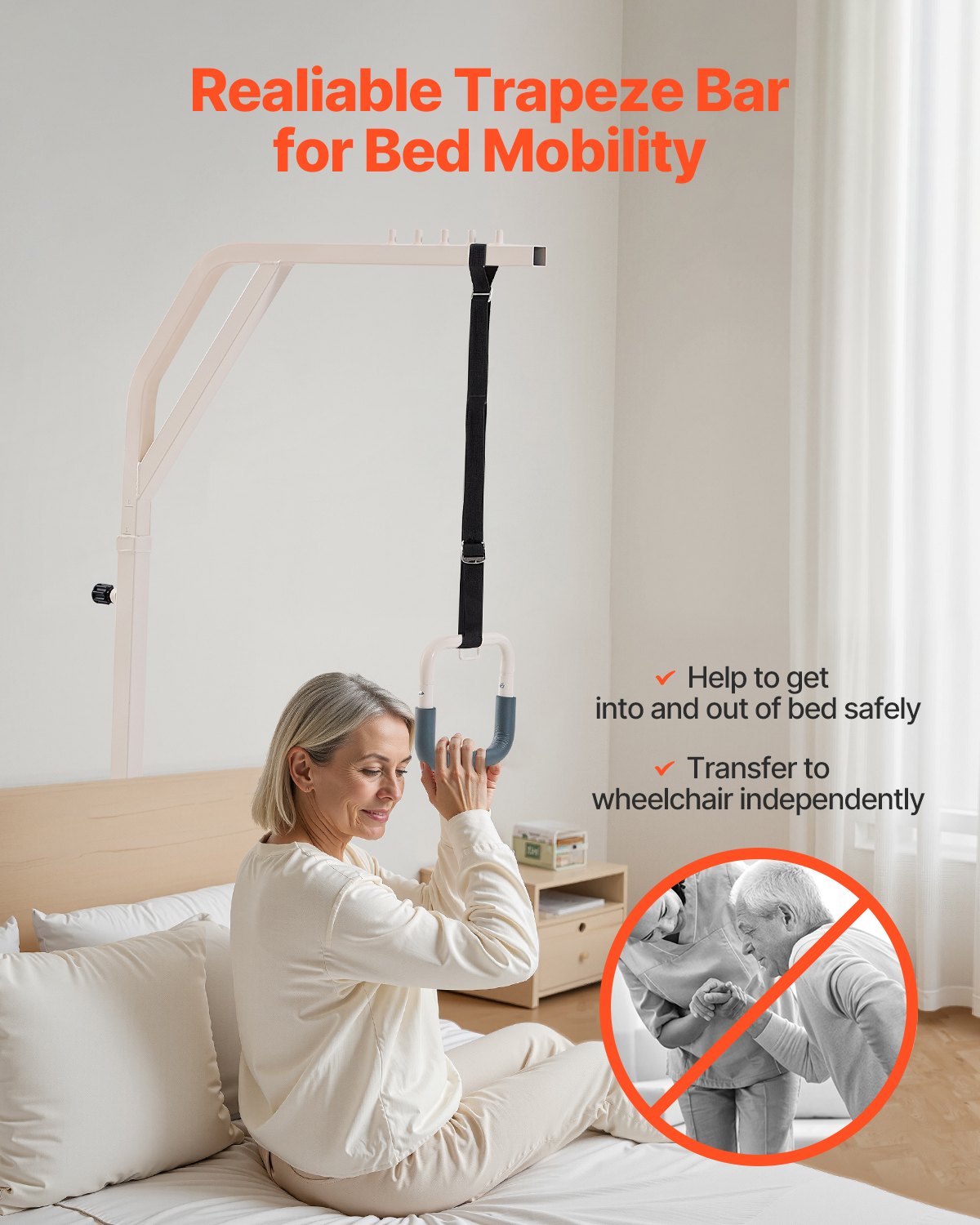 Trapeze Bar for Bed Mobility, Height-Adjustable Free Standing Trapeze Bar with 2 Wheels, 300LBS Capacity Bed Pull Up Assist for Elderly Disabled, Ideal for Hospital, Nursing Home & Home Care