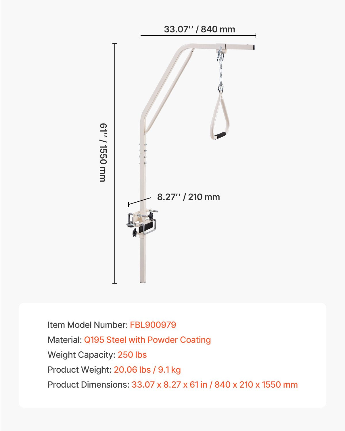 Trapeze Bar for Bed Mobility, Medical Bed Trapeze with Clamps & Metal Chain, 250LBS Weight Capacity Bed Pull Up Assist for Elderly & Disabled, Ideal for Home Care, Hospitals, Nursing Homes