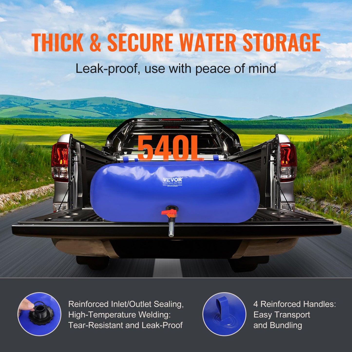 540L/142.7 Gallon Water Storage Bladder, RV Water Tank, 1000D Blue PVC Collapsible Water Storage Containers, Large Capacity Soft Water Bag, Portable Water Bladder, Fire Prevention, Camping