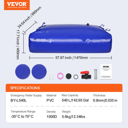 540L/142.7 Gallon Water Storage Bladder, RV Water Tank, 1000D Blue PVC Collapsible Water Storage Containers, Large Capacity Soft Water Bag, Portable Water Bladder, Fire Prevention, Camping