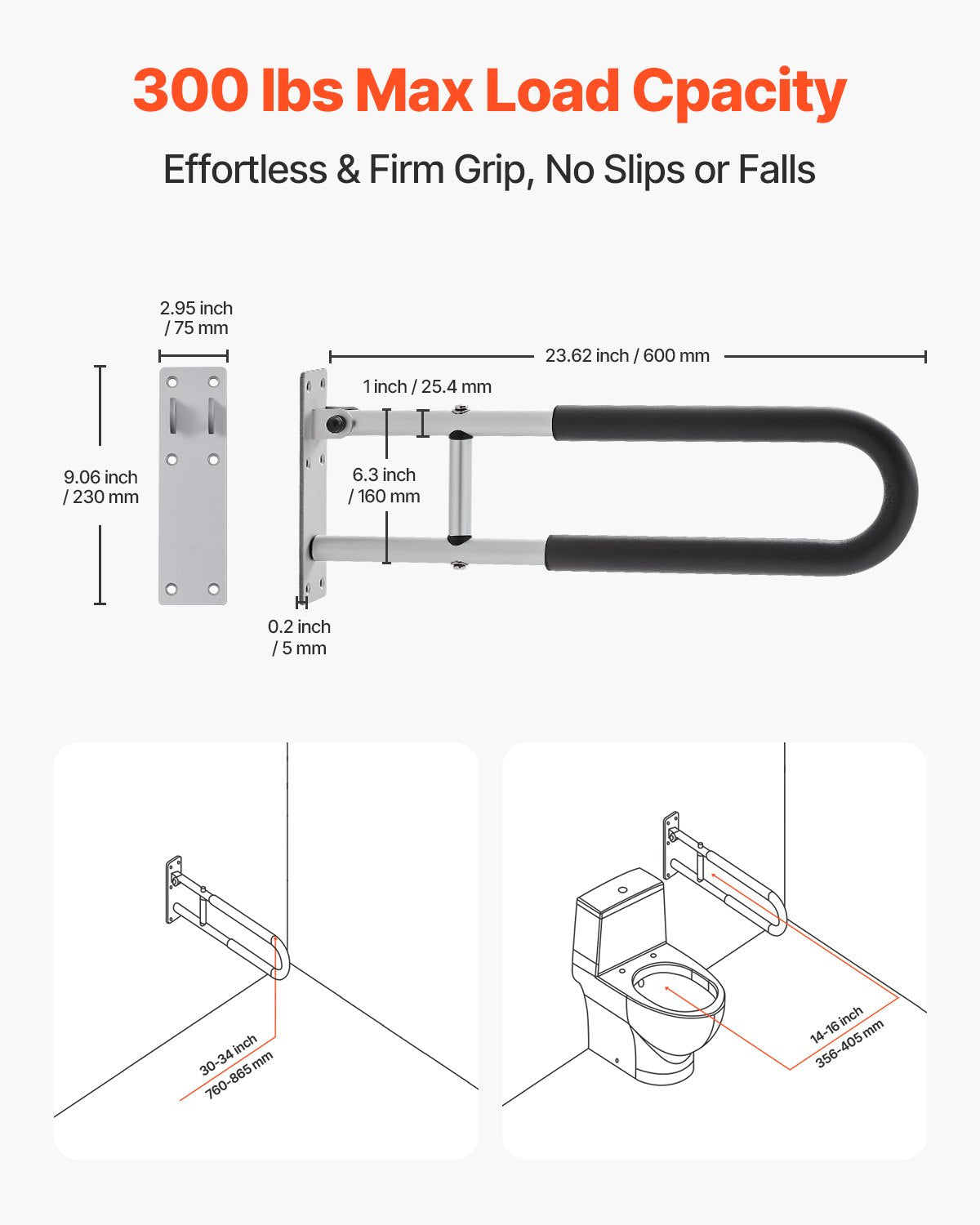 Folding Toalett Säkerhetsskena 23,8 In 300 Lbs Lastkapacitet Handikapphandtag
