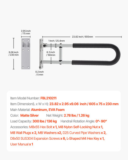 Toilet Safety Rail, 23.8 Inch U-Shaped Handicap Grab Bar, Foldable Senior Safety Pole, Flip Up Toilet Grab Bar with Anti-Slip Support Handle, 300 Lb Load Capacity for Elderly, Disabled, Pregnant
