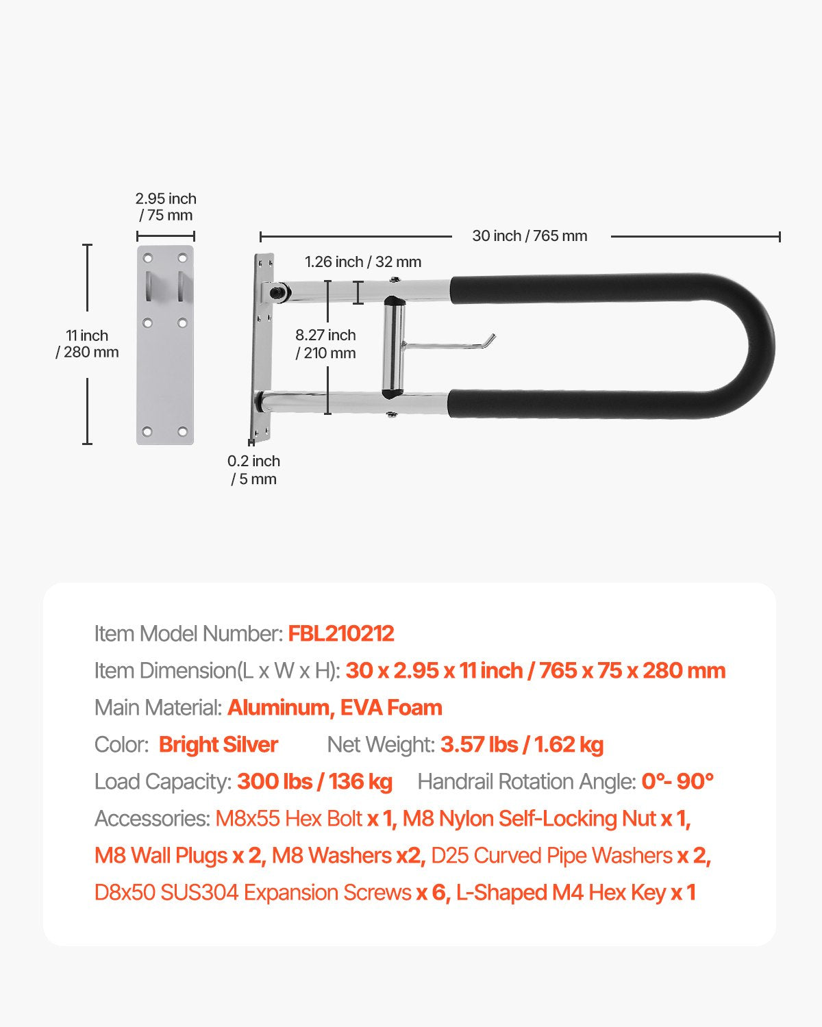 Faltbarer Toiletten-Sicherheitsbügel, 76,2 cm, 136,4 kg Tragkraft, mit Papierhalter