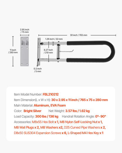 Faltbarer Toiletten-Sicherheitsbügel, 76,2 cm, 136,4 kg Tragkraft, mit Papierhalter