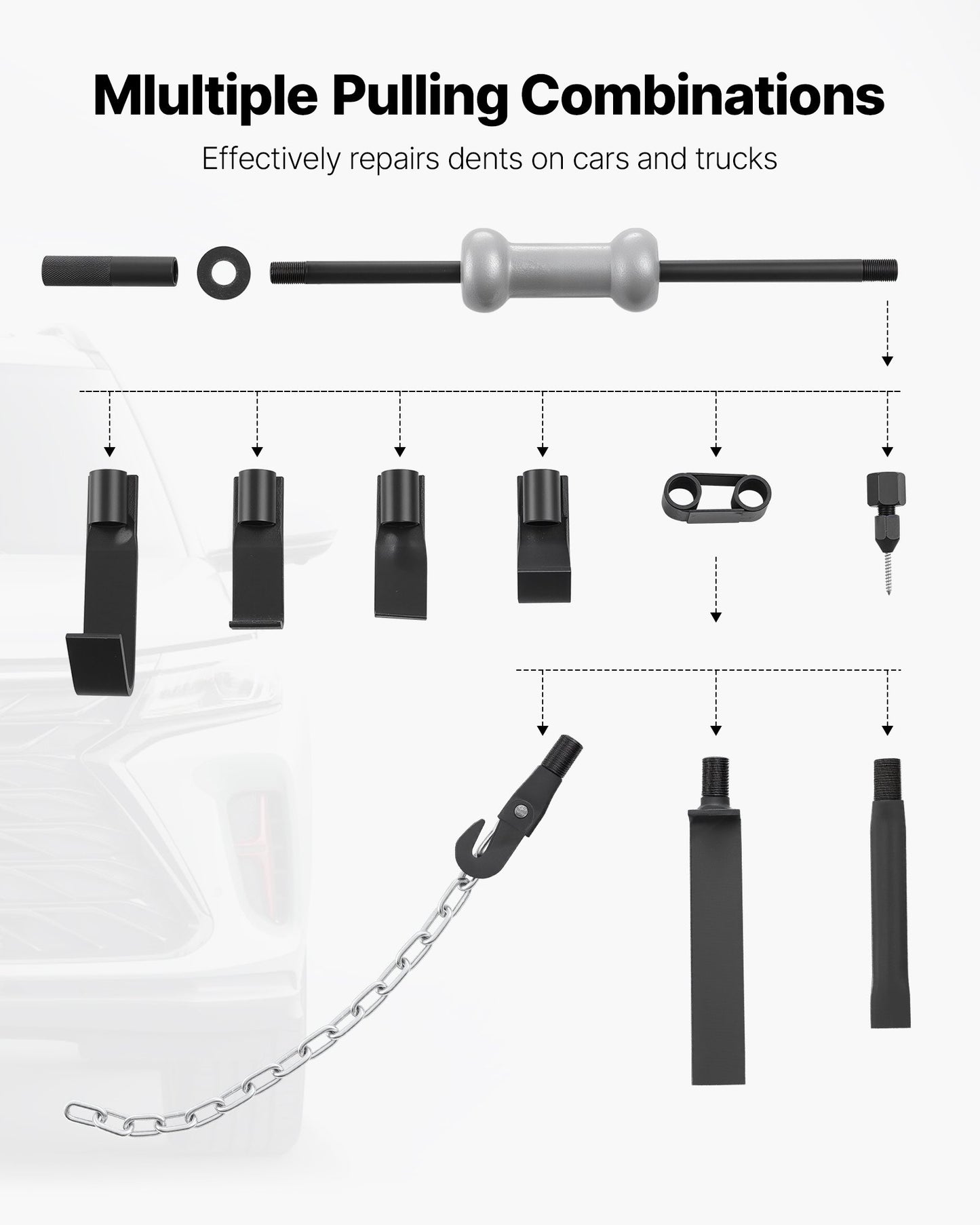 Dent Puller Kit, 10 lbs 13-in-1 Slide Hammer Dent Removal Kit, Heavy-Duty Auto Body Truck Repair Automotive Damage Remover Tool Repair Frame with Carrying Case, Extension Rod, Non-Slip Handle