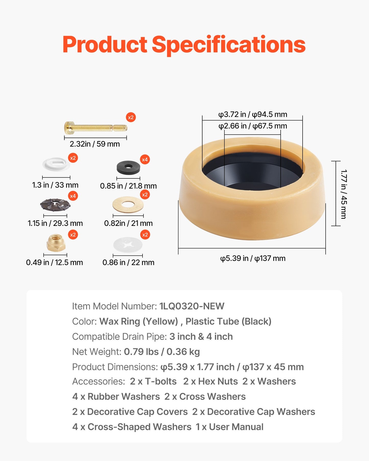 Toilet Wax Ring Kit, 1.6-Inch Extra Thick Wax Ring for Toilet Bowls with Rust-Resistant Brass Bolts, Caps and Washers, Fits 3-Inch or 4-Inch Drain Pipes, Superior Sealing Performance