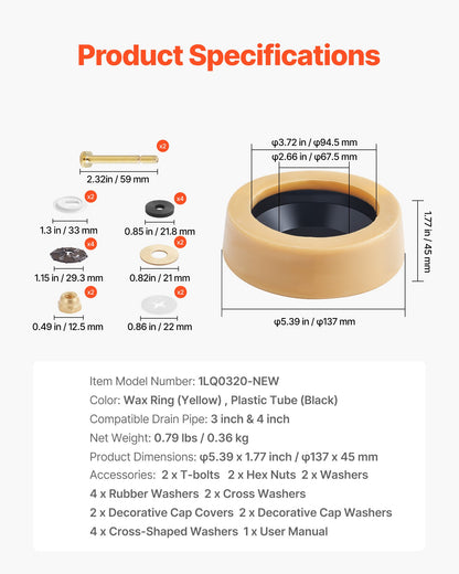Toilet Wax Ring Kit, 1.6-Inch Extra Thick Wax Ring for Toilet Bowls with Rust-Resistant Brass Bolts, Caps and Washers, Fits 3-Inch or 4-Inch Drain Pipes, Superior Sealing Performance