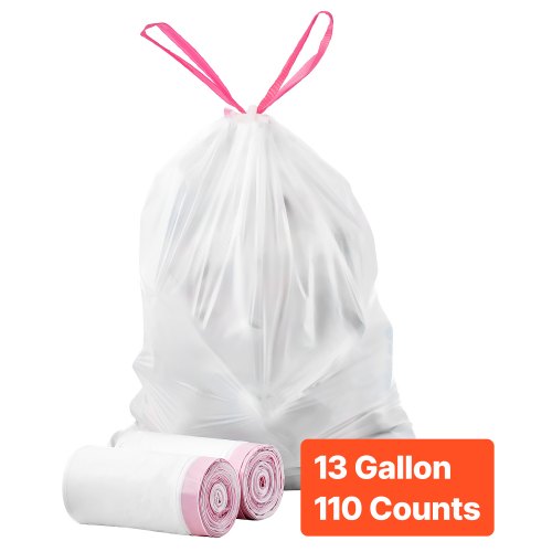 Drawstring Trash Bags, 13 Gallon 110 Count Tall Kitchen Trash Bags, Extra Thick Fresh Scent Garbage Bag, Recyclable Bin Bag with Drawstrings, for Home Kitchen, Office, RV and Camping (White)