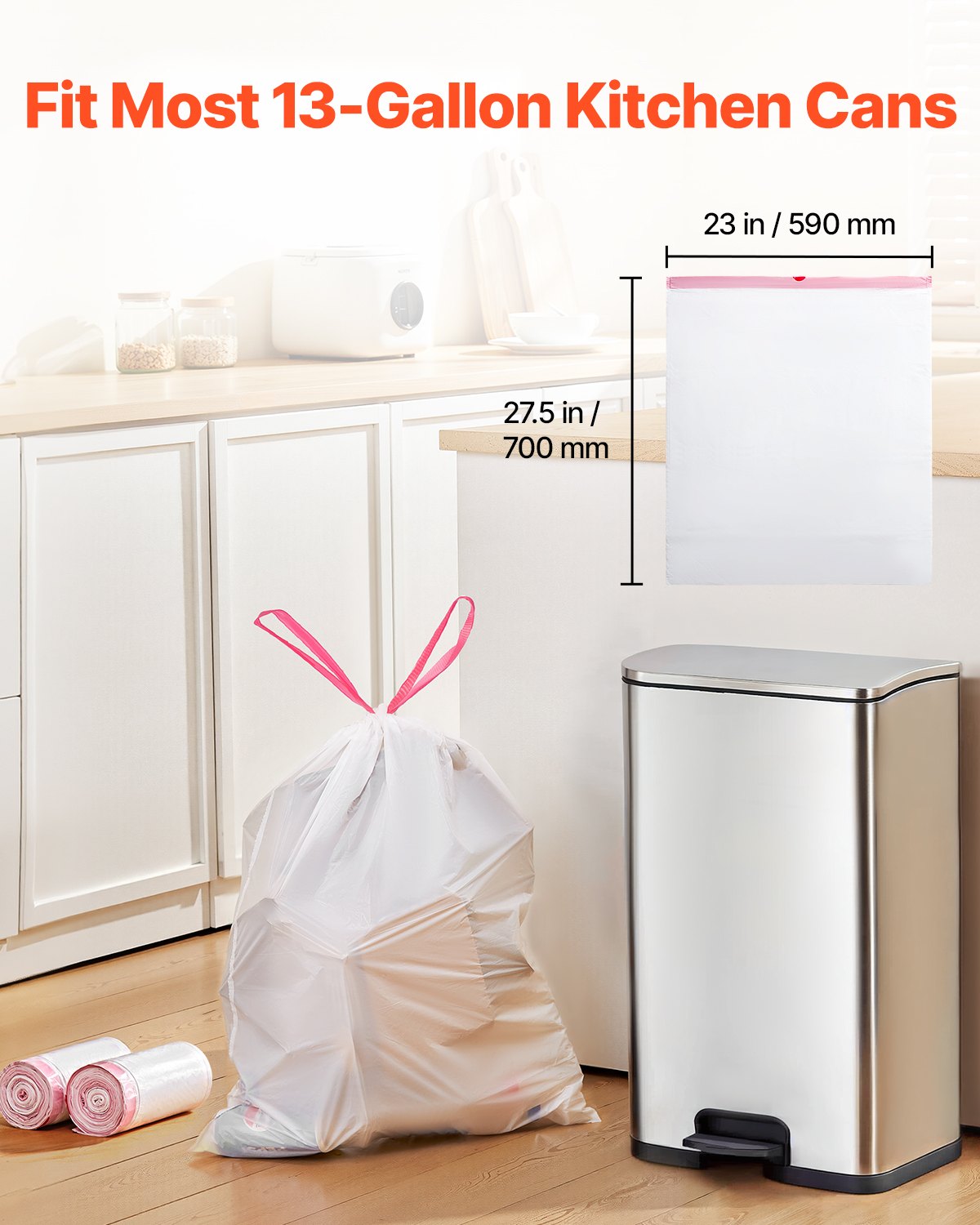 Drawstring Trash Bags, 13 Gallon 110 Count Tall Kitchen Trash Bags, Extra Thick Fresh Scent Garbage Bag, Recyclable Bin Bag with Drawstrings, for Home Kitchen, Office, RV and Camping (White)