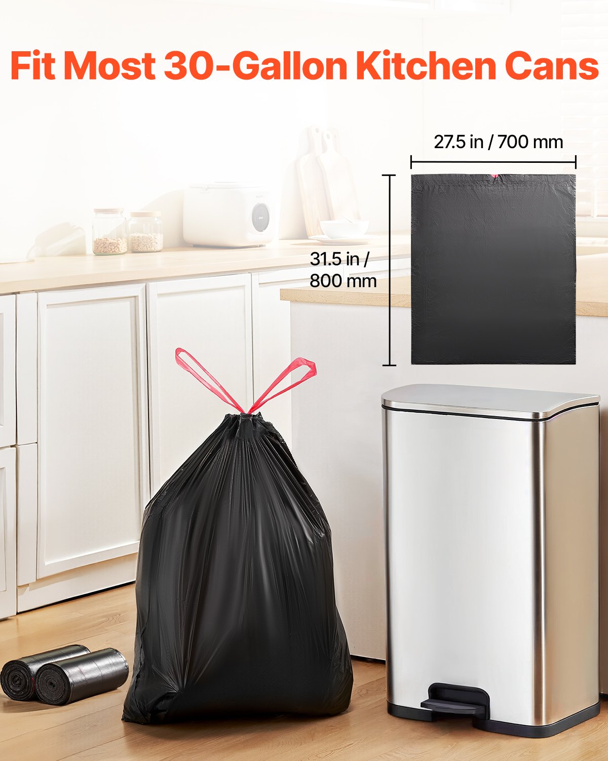 Drawstring Trash Bags, 30 Gallon 50 Count Tall Kitchen Trash Bags, Extra Thick Tough and Durable Garbage Bag, Recyclable Bin Bag with Drawstrings, for Home Kitchen, Office, RV & Camping (Black)