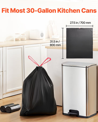 Drawstring Trash Bags, 30 Gallon 50 Count Tall Kitchen Trash Bags, Extra Thick Tough and Durable Garbage Bag, Recyclable Bin Bag with Drawstrings, for Home Kitchen, Office, RV & Camping (Black)