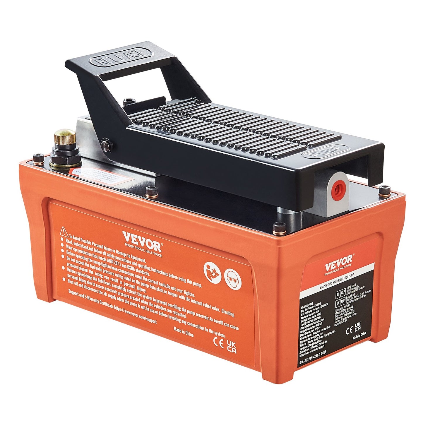 Air Hydraulic Pump, 10,000 PSI 1/2 Gal Reservoir, NPT 3/8" Oil Outlet, NPT 1/4" Inlet, 6.6 ft Pipe, Foot Actuated Hydraulic Pump Air Treadle for Auto Body Frame Machines and Pulling Post, Orange