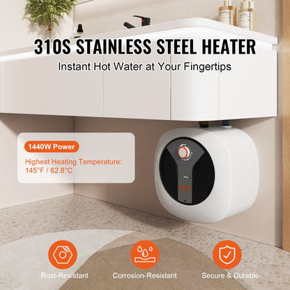 Electric Mini-Tank Water Heater 2.5-Gallon Tank, 1440W Hot Water Boiler Storage, Safety Temperature Pressure Valve Easy Install, for Kichen Bathroom Restaurant, Shelf Wall Floor Mounted
