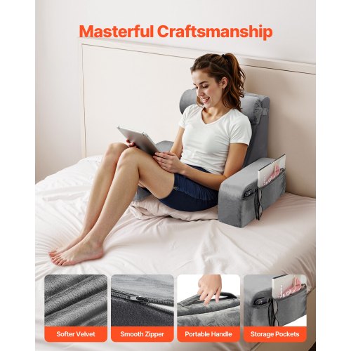 Lesekissen Rückenkissen mit abnehmbarer &amp; 3 Taschen Kopfstütze