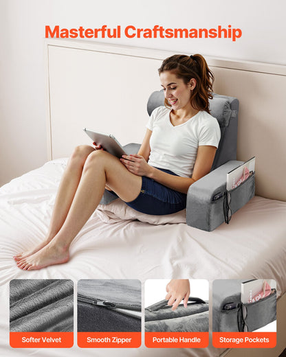 Reading Pillow, Backrest Support Pillow with Arm and 3 Pockets, Large Size Bed Pillow with Removable Headrest & 25D Sponge, Handle for Easy Carrying, for Reading, Gaming, Resting, Working, Grey