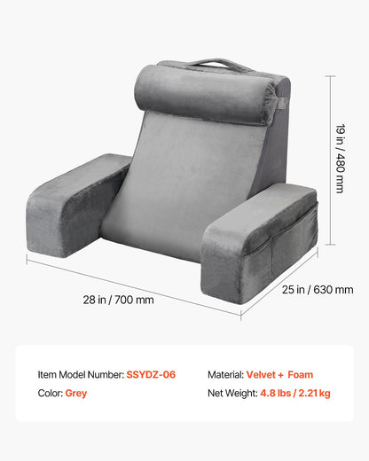Reading Pillow, Backrest Support Pillow with Arm and 3 Pockets, Large Size Bed Pillow with Removable Headrest & 25D Sponge, Handle for Easy Carrying, for Reading, Gaming, Resting, Working, Grey