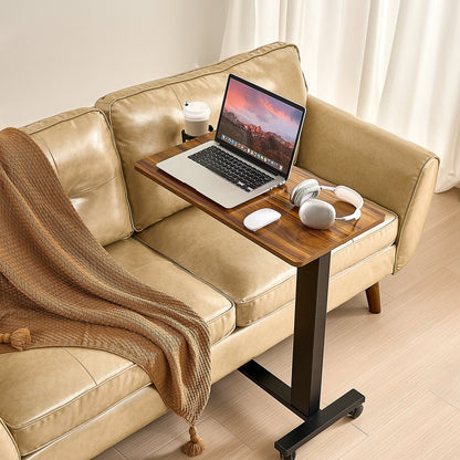 Overbed Table, Mobile Bed Side Table with 4 Wheels, Electric Lifting with Upgrade Button, Rolling Laptop Desk with Cup Holder, Height Adjustable Overbed Desk for Home, Office, Study, Wood+Black