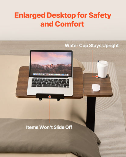 Overbed Table, Mobile Bed Side Table with Flip Desktop and 4 Wheels, Height & Angle Adjustable Rolling Laptop Desk with Cup Holder, Portable Over Bed Desk for Home, Office, Study, Wood + Black
