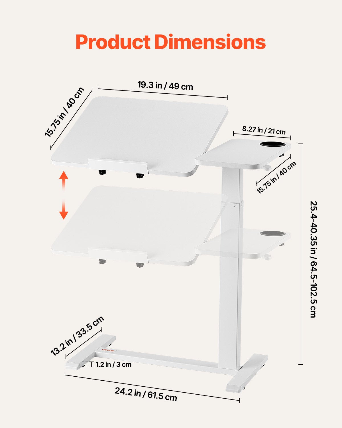 Overbed Table, Mobile Bed Side Table with Flip Desktop and 4 Hidden Wheels, Height & Angle Adjustable Rolling Laptop Desk with Cup Holder, Portable Over Bed Desk for Home, Office, Study, White