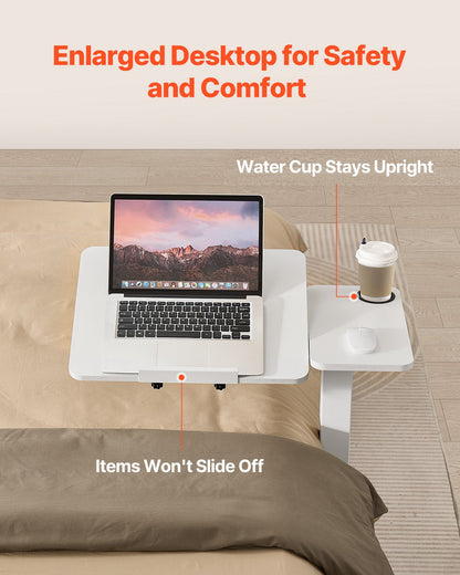 Overbed Table, Mobile Bed Side Table with Flip Desktop and 4 Hidden Wheels, Height & Angle Adjustable Rolling Laptop Desk with Cup Holder, Portable Over Bed Desk for Home, Office, Study, White