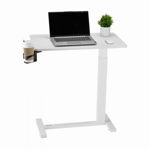 Overbed Table, Mobile Bed Side Table with 4 Hidden Wheels, Height Adjustable Rolling Laptop Desk with Cup Holder, Portable Particleboard Over Bed Desk for Home, Office, Study, White